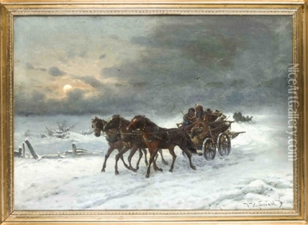 Russische Troika In Verschneiter Landschaft Oil Painting - Friedrich Josef Nicolai Heydendahl