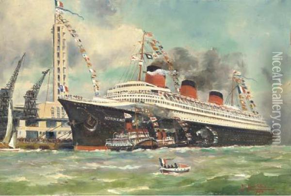 The S.s. Normandie Off Le Havre Oil Painting - Albert Francois Fleury
