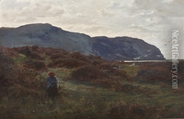 Coastal Scene, With Figures Gathering Blackberries Oil Painting - James Hey Davies