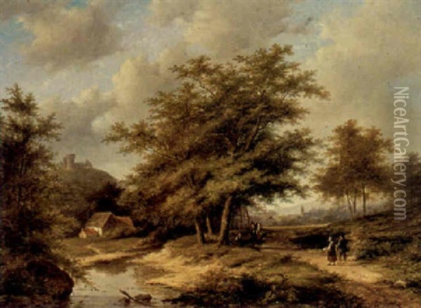 Figures In A Wooded Landscape Oil Painting - Jan Evert Morel the Younger