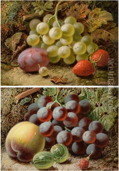 A Still Life Of Grapes, Plums And Strawberries On A Bank Oil Painting - Oliver Clare