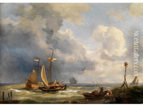 Segelboote Am Sturmisch Bewegtenuferwasser Der Kuste Oil Painting - Louis Verboeckhoven