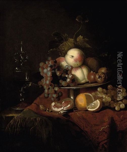 Peaches, Grapes And Pomegranates On A Plate, A Sliced Orange And Walnuts On A Partly Draped Table With A Wine Glass Oil Painting - Barend van der Meer
