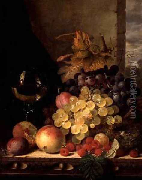 A Still Life with Grapes Raspberries and a Glass of Wine Oil Painting - Edward Ladell