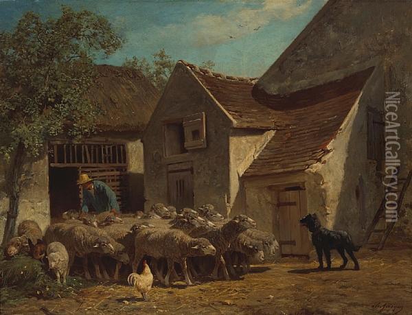 A Shepherd With His Flock Outside Farm Buildings Oil Painting - Charles Jacques