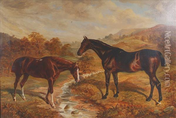 Two Horses Bya Brook Oil Painting - Benjamin Cam Norton