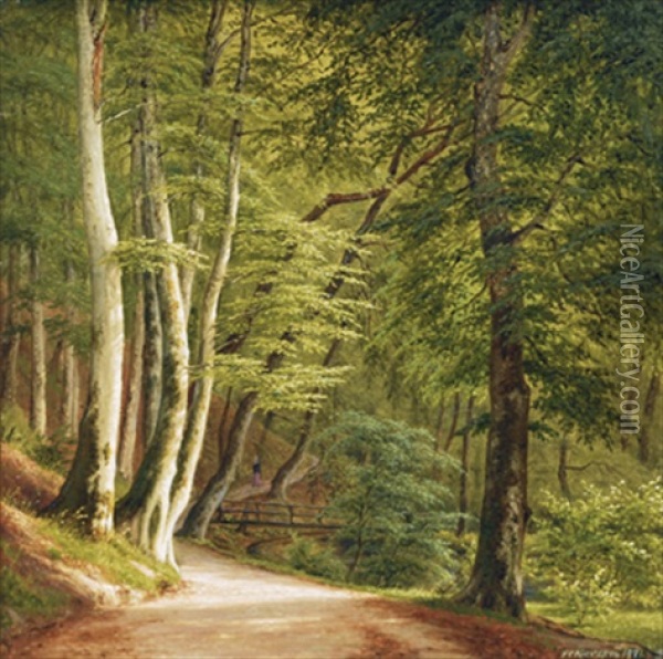 A Walk In The Woods Oil Painting - Frederik Christian Jacobsen Kiaerskou