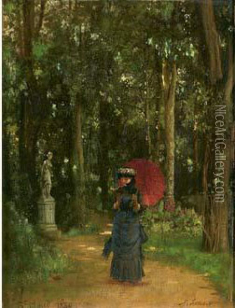 Jeune Femme A L'ombrelle A Saint-cloud Oil Painting - Pierre Adolphe Huas