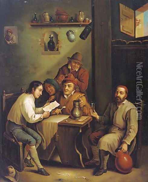 Boors drinking and smoking in an interior Oil Painting - David The Younger Teniers