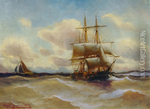 Barque On Choppy Sea Oil Painting - Alfred Serenius Jensen