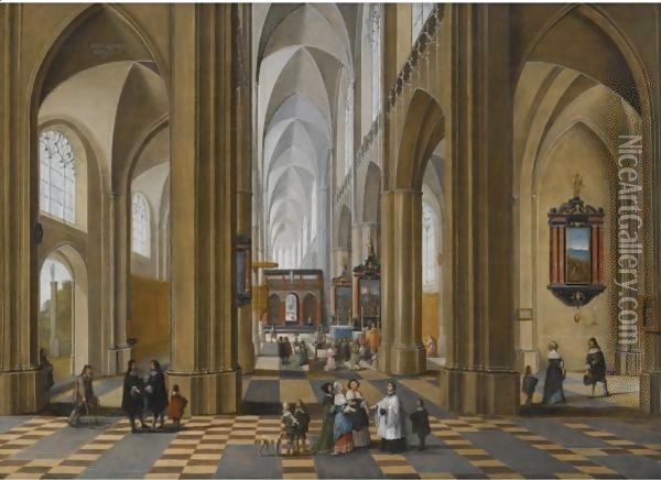 The Interior Of A Gothic Cathedral With Elegant Figures Strolling And Others Attending A Mass Oil Painting - Pieter Neefs The Elder, Frans The Younger Francken