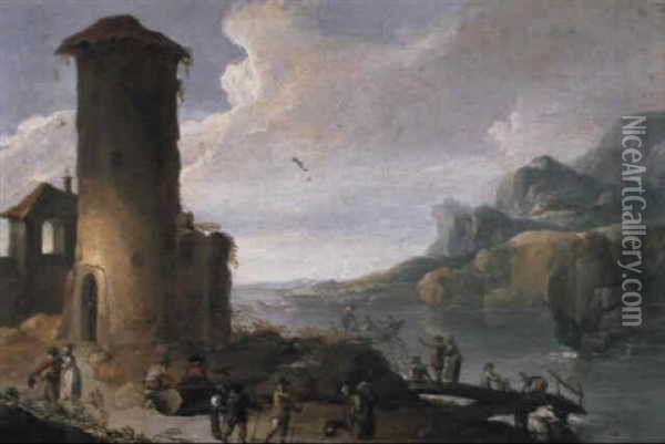 A Coastal Inlet With Figures On A Track Before A Tower Oil Painting - Adriaen Van Der Cabel