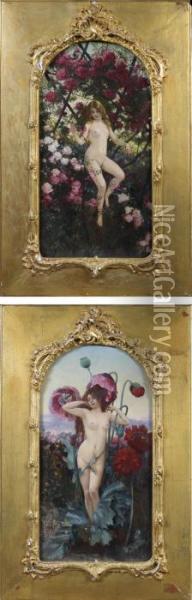 Nymphes Parmi Les Roses Et Les Pavots, A Vue Cintree Dans La Partie Superieure Oil Painting - Rudolph Ernst