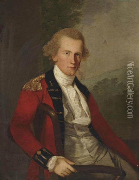 Portrait Of A Gentleman, 
Three-quarter-length, Seated, In A White Waistcoat And A Red Coat, In A 
Landscape Oil Painting - Thomas Hickey