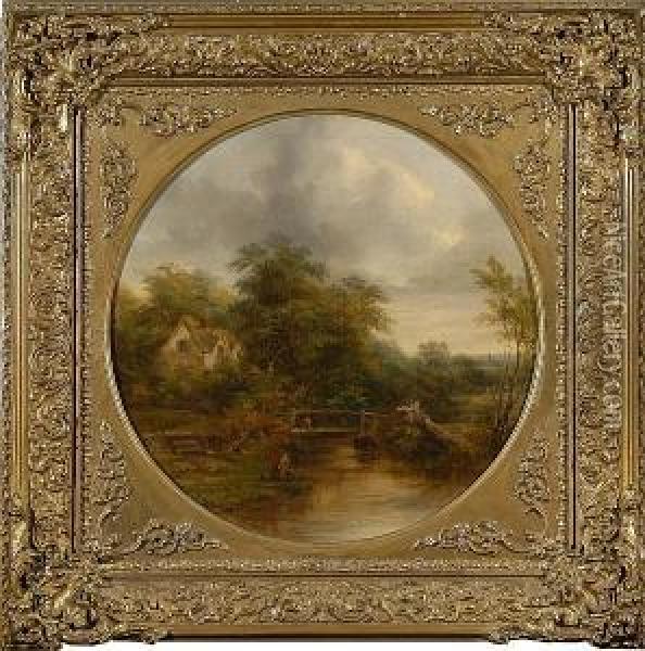 River Landscape With Figures Oil Painting - Robert Burrows