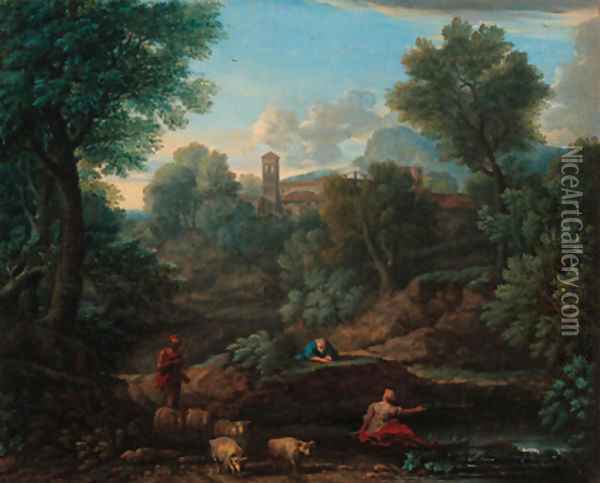 A landscape with a shepherd and sheep at a stream, a village beyond Oil Painting - An Frans Van Orizzonte (see Bloemen)