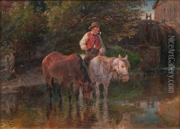 Pferdetranke An Der Wassermuhle Oil Painting - Hermann Kauffmann the Elder