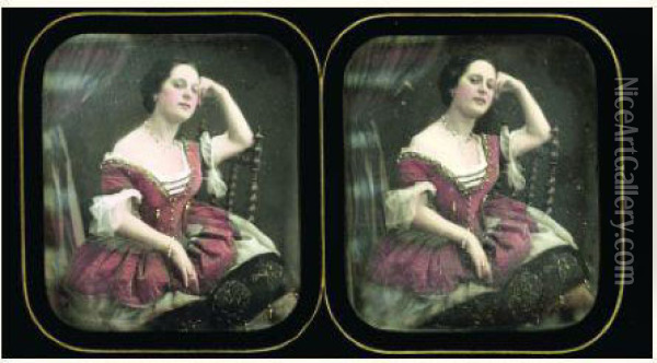 Femme Assise En Robe A Taffetas Rouge Decolletee, 1852-1856 Oil Painting - Alexis Gouin