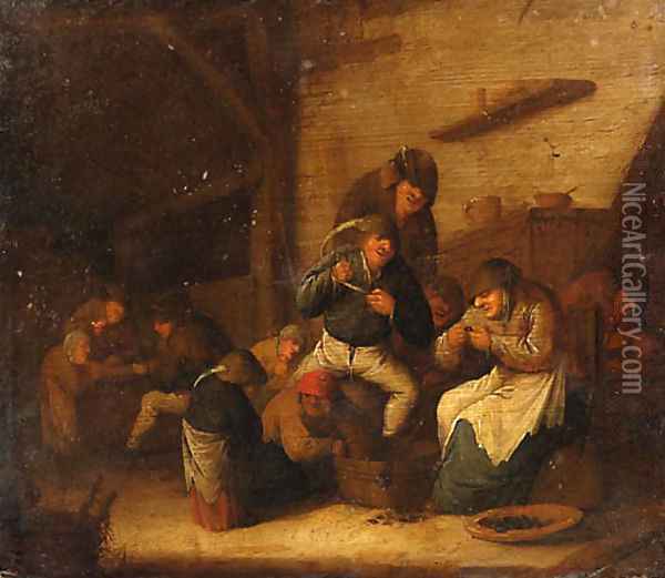 Peasants Gaming and eating Mussels in an Interior Oil Painting - Bartholomeus Molenaer