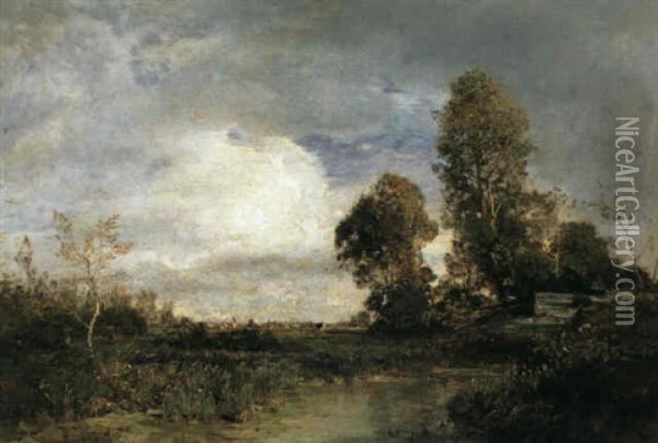 Teichufer (im Hintergrund Blick Auf Ein Dorf) Oil Painting - Emil Jacob Schindler