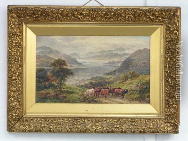 Highland Cattle By A Loch In A Mountainous Landscape Oil Painting - William Langley