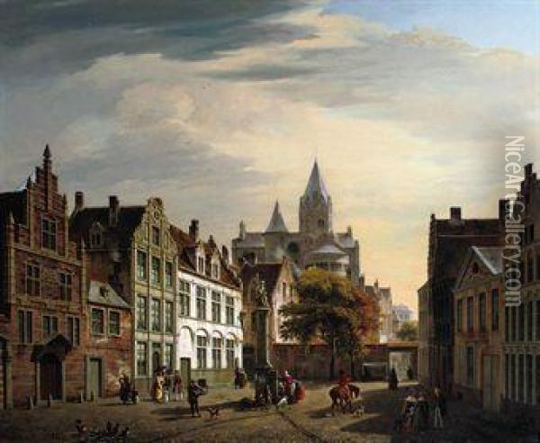 View Of A Busy Square In Summer, Ghent Oil Painting - Pierre Francois de Noter
