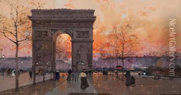Paris, L'arc De Triomphe Au Soleil Couchant Oil Painting - Eugene Galien-Laloue