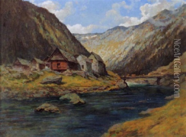 Tessiner Dorf An Einem Fluss Oil Painting - Gioacchino Galbusera