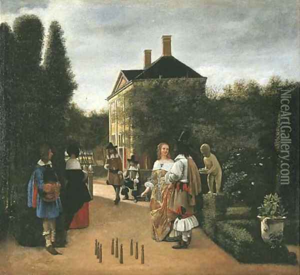 Elegant figures playing skittles in a landscaped park Oil Painting - Pieter De Hooch