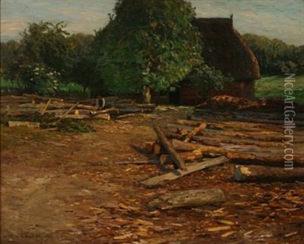 A Man Chopping Wood In Front Of A Farm House Oil Painting - Wilhelm Ludwig Heinrich Claudius