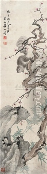 Squirrels, Plum Blossom, Bamboo And Rock Oil Painting -  Huang Shanshou