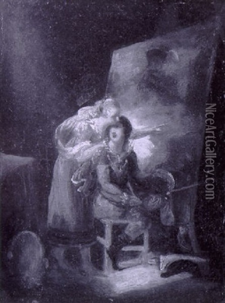 L'allegorie Des Arts Sous L'empire De L'amour; La Peinture: Van Dyck Peignant Son Premier Tableau Oil Painting - Louis Ducis