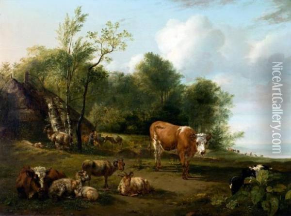 Herders Met Vee In Boomrijk Landschap Oil Painting - James De Rijk