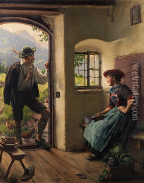 Der Besuch Bei Der Sennerin Oil Painting - Emil Rau