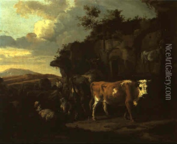 Landschaft Mit Einer Viehherde Vor Ruin