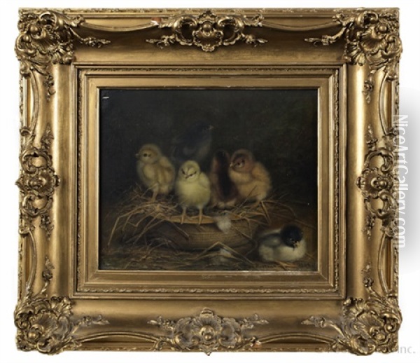 Six Chicks Playing In A Basket Of Straw Oil Painting - Ben Austrian