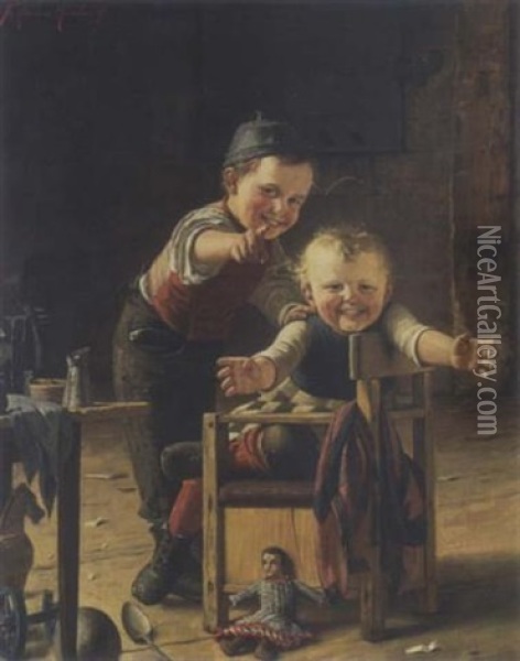 Zwei Spielende Kinder Oil Painting - Theodor Kleehaas