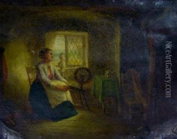 Woman Spinning Wool In A Coastal Cottage Oil Painting - Charles Cattermole