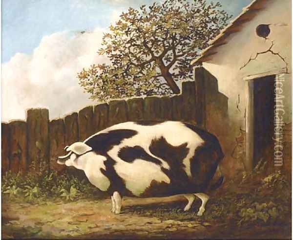 A sow in a farmyard Oil Painting - English Provincial School
