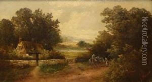 Figures And Horses In A Country Lane By A Cottage Oil Painting - E. Thompson