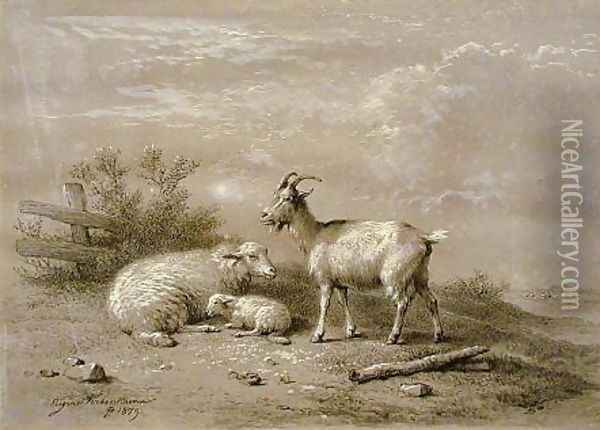 Ewe and Lamb with Goat Oil Painting - Eugene Verboeckhoven