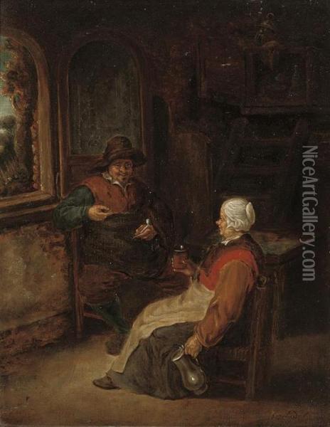 An Old Couple Drinking And Smoking In An Interior Oil Painting - Adriaen Jansz. Van Ostade