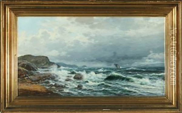 Norwegian Coastal Scenery With A Sailboat At Sea Oil Painting - Olaf Nordlien