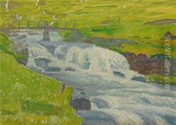 Landscape With River, Iceland Oil Painting - Niels Bjerre