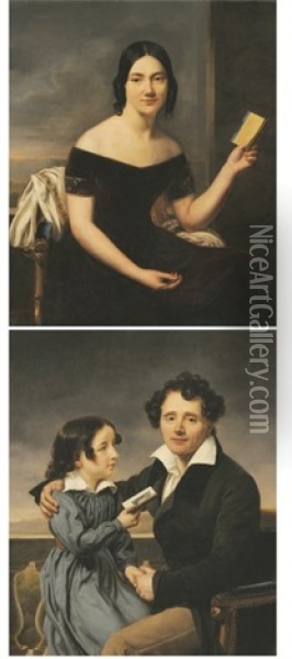 Portrait De Femme Au Carnet De Bal (+ Portrait D'un Pere Et Sa Fille; Pair) Oil Painting - Henri Francois Riesener