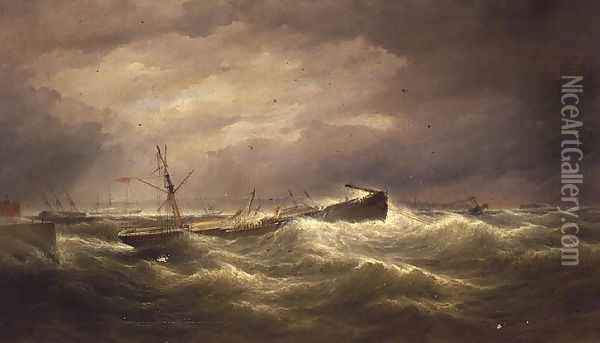 Liverpool from the North End Docks, a Sailing Vessel at Anchor in Distress on the Mersey Oil Painting - Samuel Walters