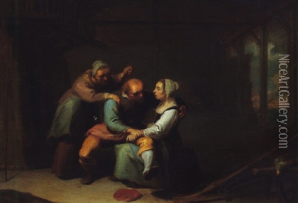 An Interior With A Procuress, An Old Man And A Girl Oil Painting - Willem van Herp the Elder