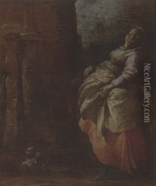 A Woman Standing Before An Entrance To A House Oil Painting - Domenico Feti