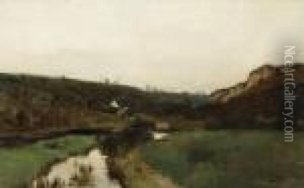 An Extensive River Landscape With A Farmhouse In A Valley Oil Painting - Maurice Wagemans