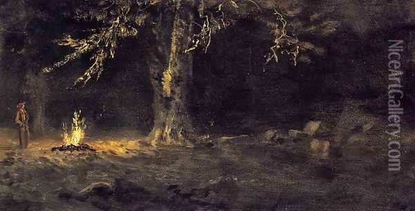 Campfire Yosemite Valley Oil Painting - Albert Bierstadt